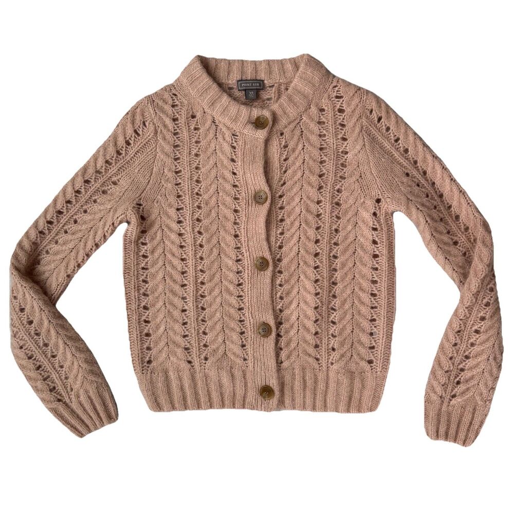 J Crew Point Sur Pointelle Cardigan XS Sweater Blush Pink Cable Knit Wool Blend